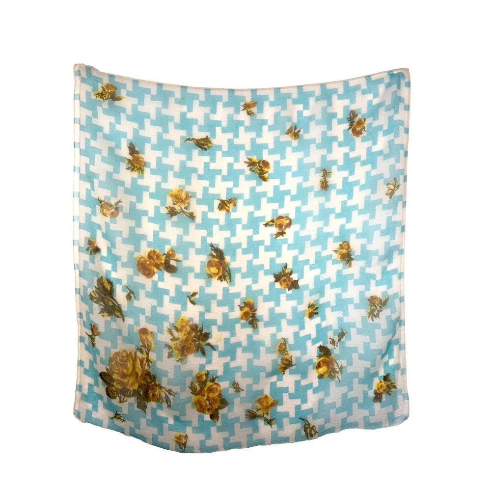 Vintage Pure Silk Chiffon Scarf 23” Aqua Floral Geometric Hand Rolled Japan